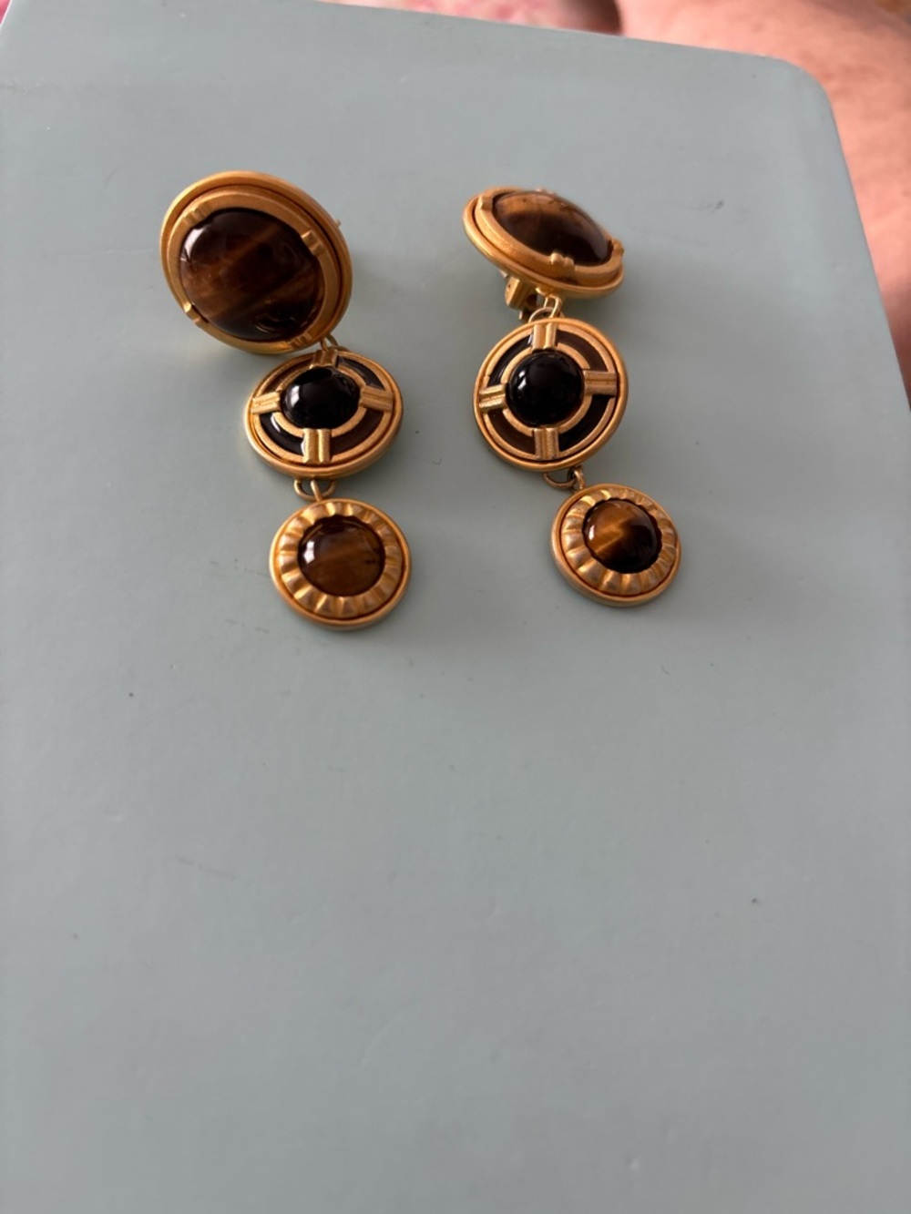 Gold-Tone Drop Earrings with Brown and Black Cabochons